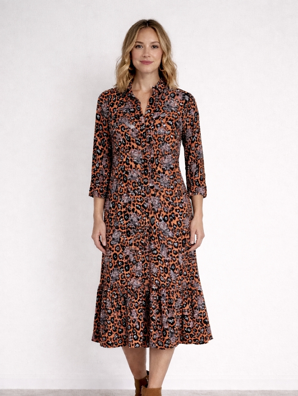 Esqualo Leopard Paisley Floral Mixed Print‎ Midi Dress US 8 / EU 38 Long Sleeve